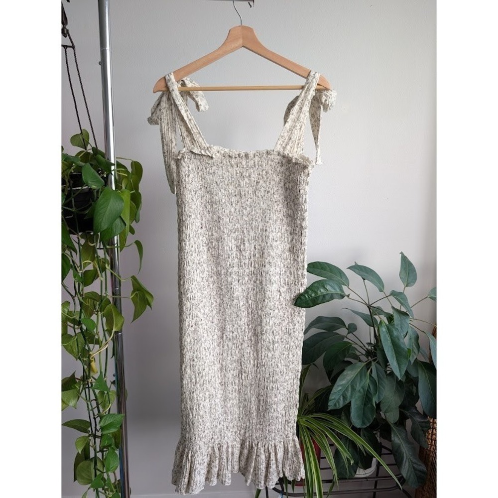 Nothing Fits But Dress Eiji size M/L ruched 100% cotton tie floral beige tan